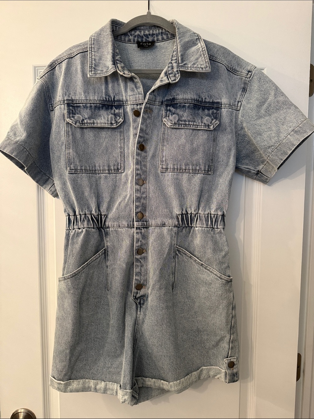 Vici Collection Fate Light Blue Washed Denim Button-Up Romper